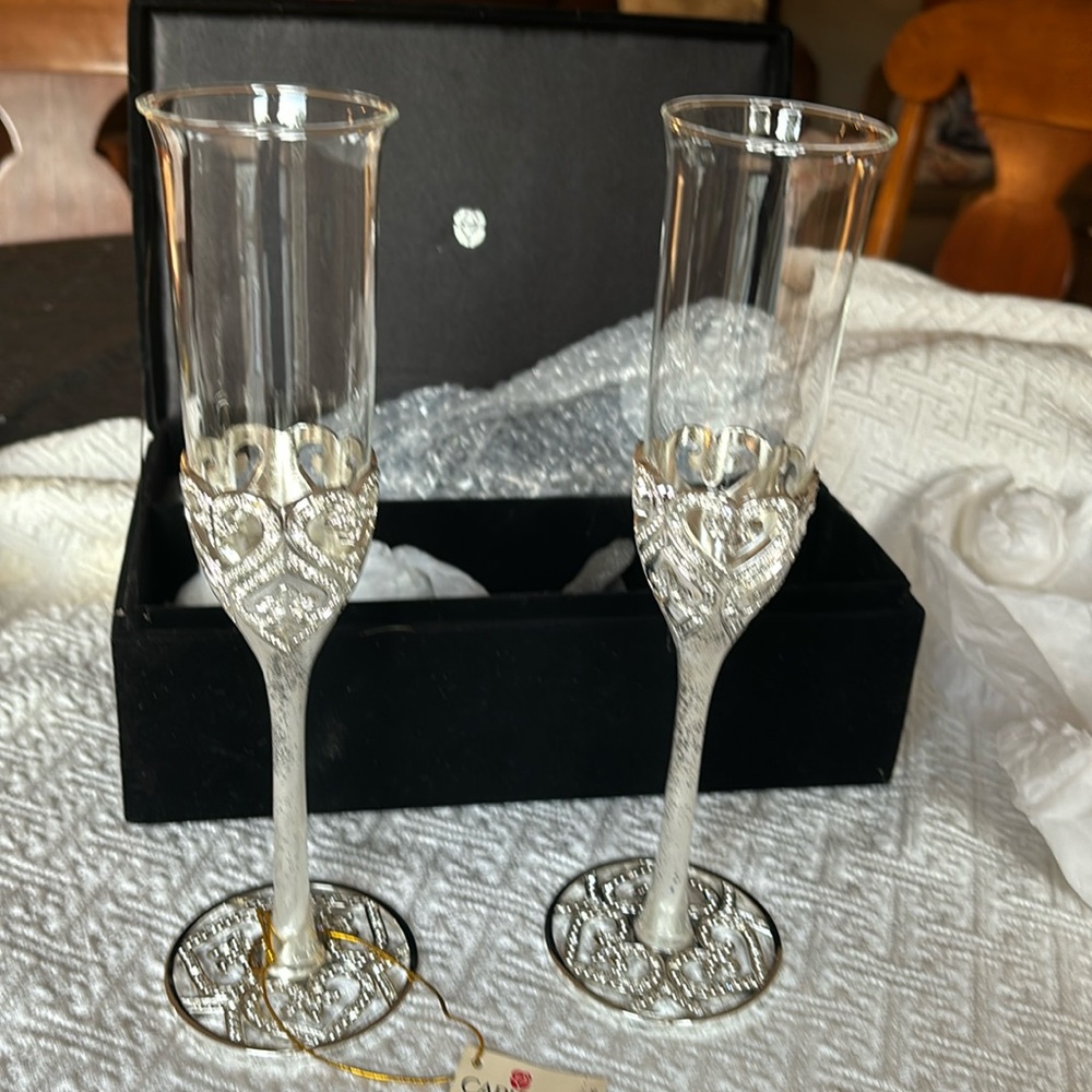 Silver champagne glasses super cute for wedding or anniversary
